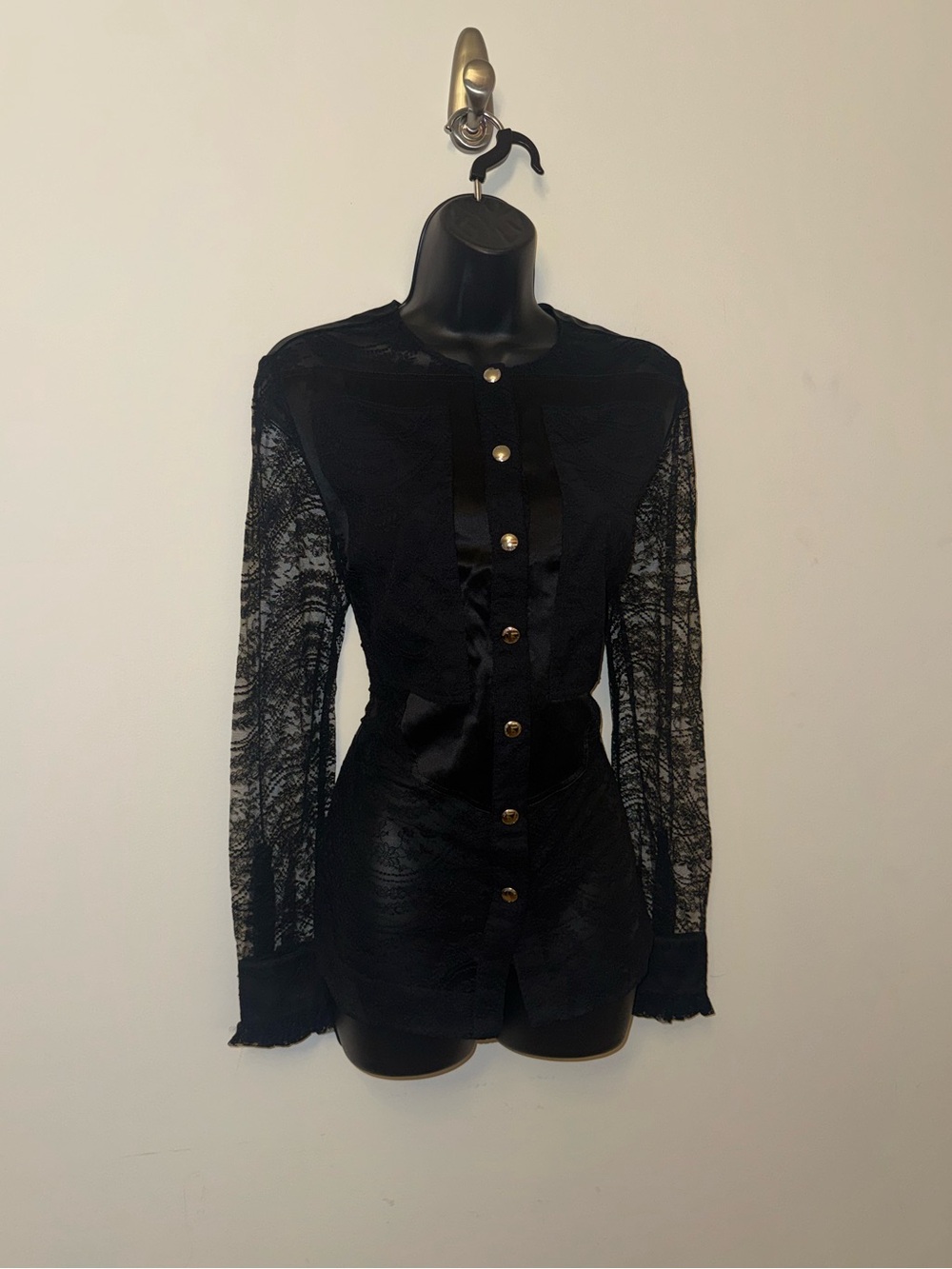 Givenchy Vintage Black Lace & Silk Panel Blouse